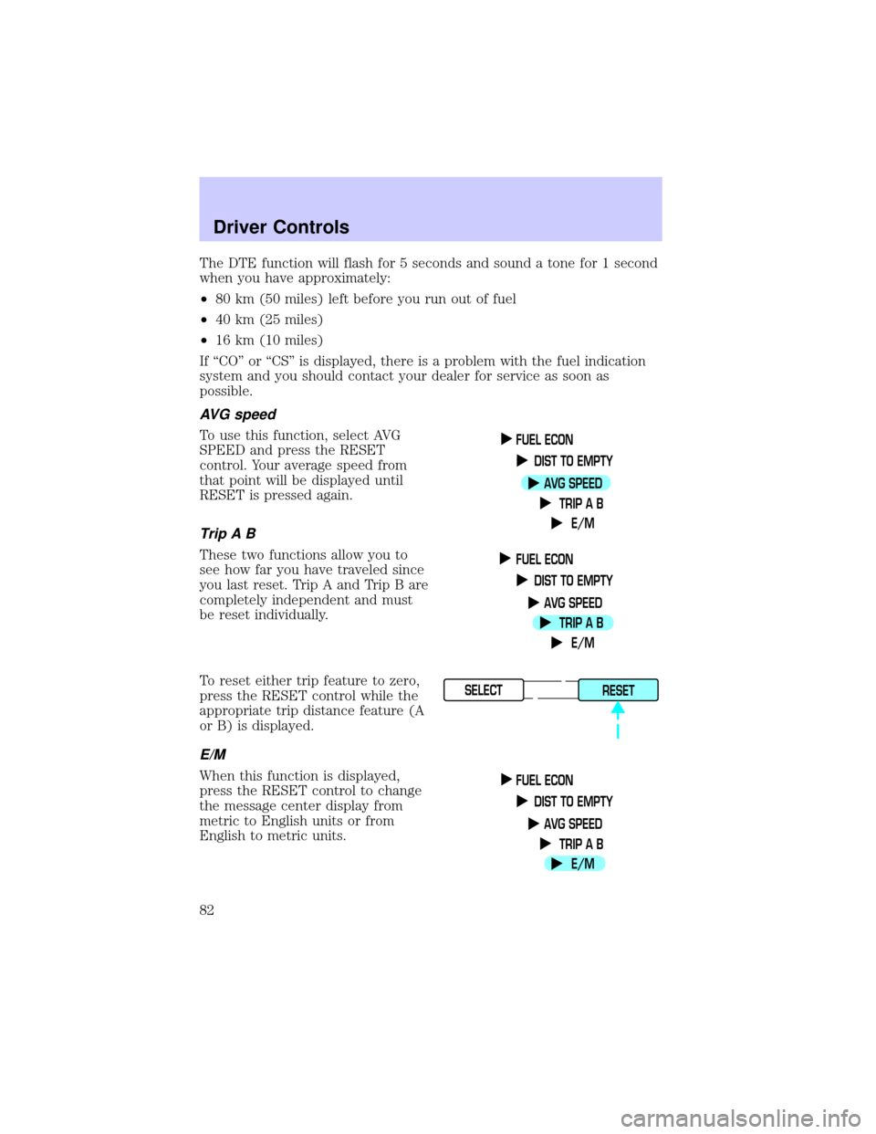 LINCOLN TOWN CAR 2002 Owners Manual The DTE function will flash for 5 seconds and sound a tone for 1 second
when you have approximately:
²80 km (50 miles) left before you run out of fuel
²40 km (25 miles)
²16 km (10 miles)
If ªCOº LINCOLN TOWN CAR 2002 Owners Manual The DTE function will flash for 5 seconds and sound a tone for 1 second
when you have approximately:
²80 km (50 miles) left before you run out of fuel
²40 km (25 miles)
²16 km (10 miles)
If ªCOº