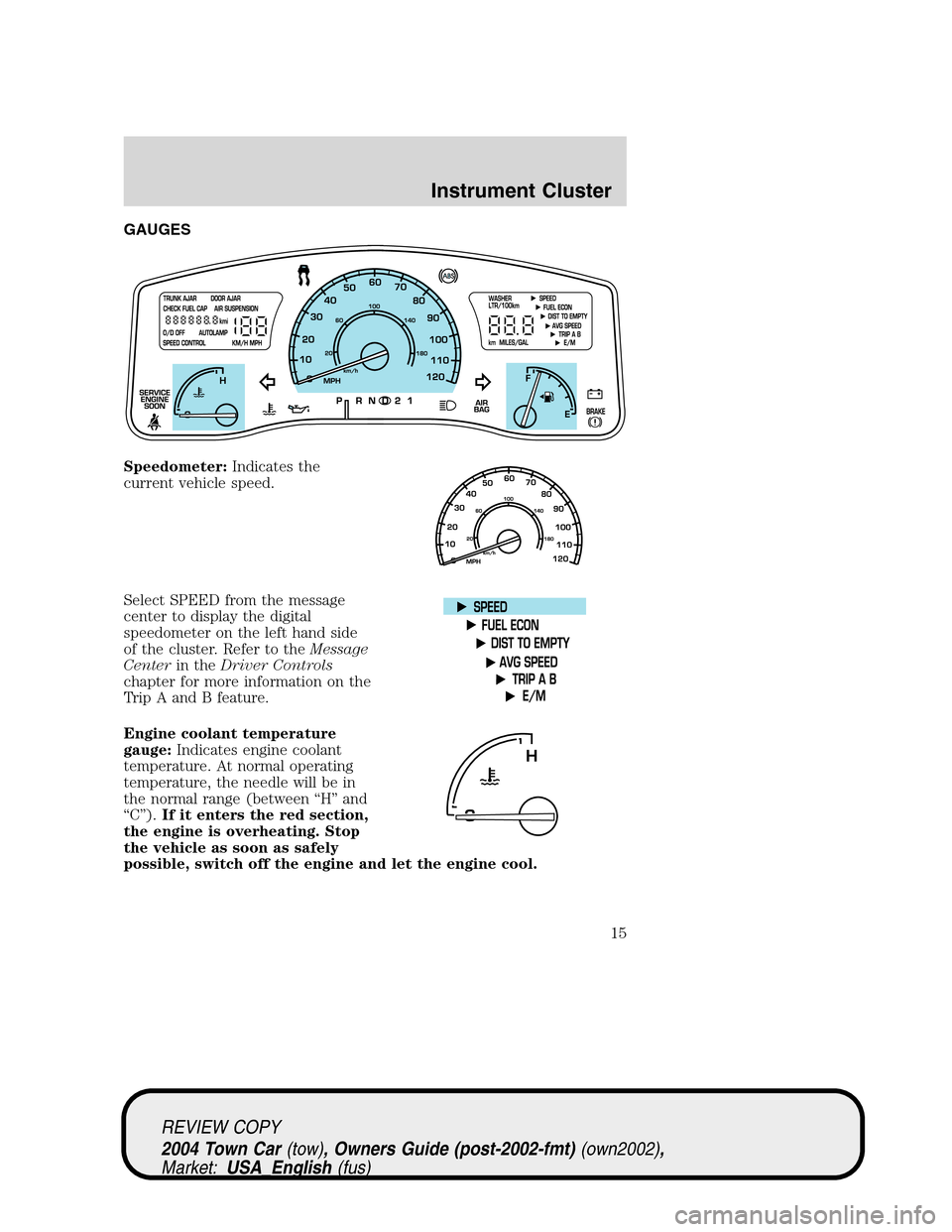 LINCOLN TOWN CAR 2004  Owners Manual GAUGES
Speedometer:Indicates the
current vehicle speed.
Select SPEED from the message
center to display the digital
speedometer on the left hand side
of the cluster. Refer to theMessage
Centerin theDr