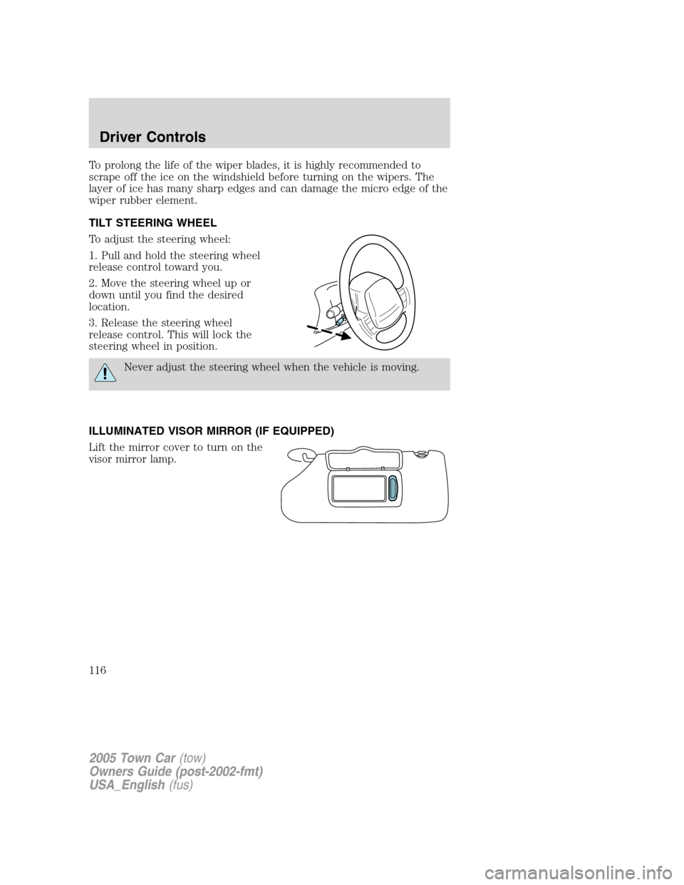 LINCOLN TOWN CAR 2005  Owners Manual To prolong the life of the wiper blades, it is highly recommended to
scrape off the ice on the windshield before turning on the wipers. The
layer of ice has many sharp edges and can damage the micro e