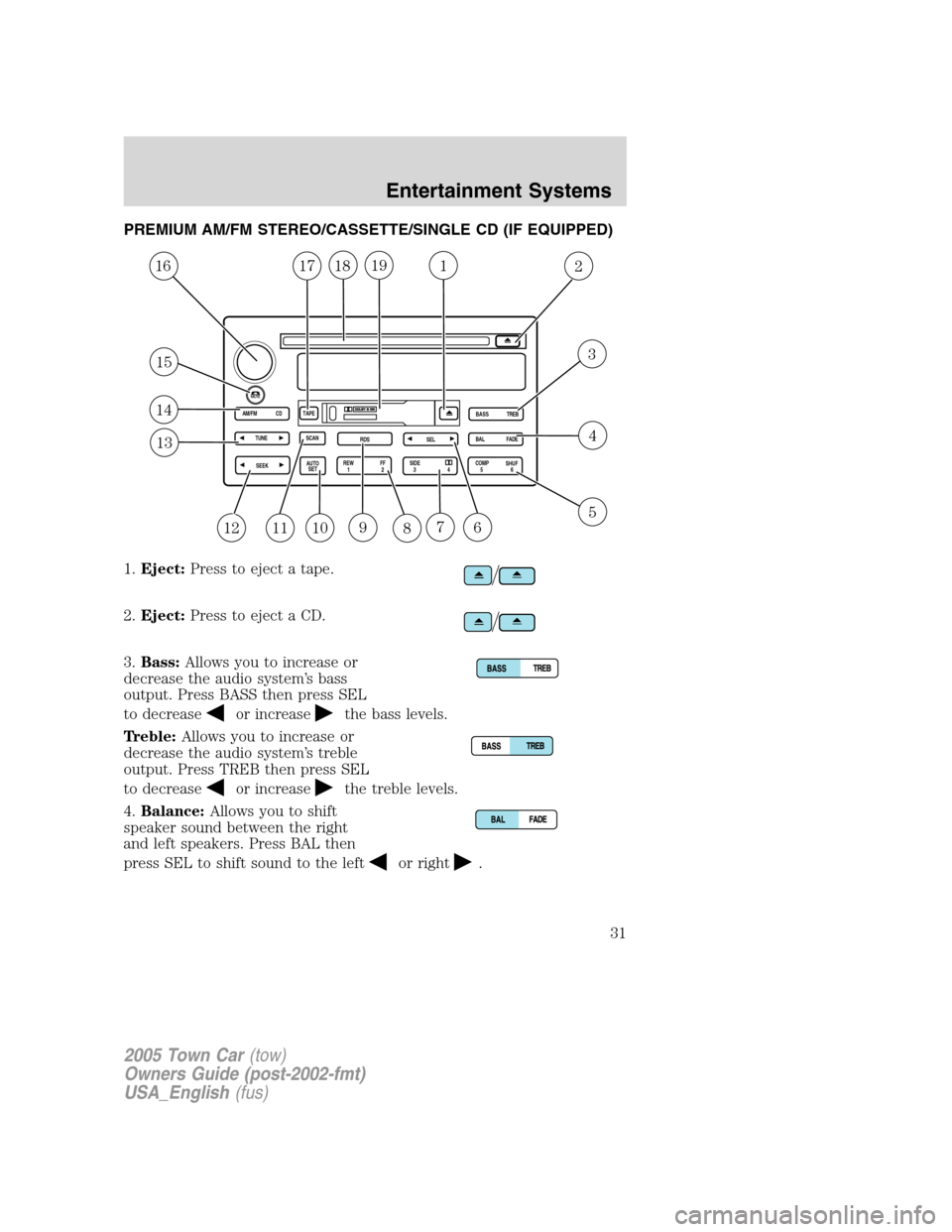 LINCOLN TOWN CAR 2005  Owners Manual PREMIUM AM/FM STEREO/CASSETTE/SINGLE CD (IF EQUIPPED)
1.Eject:Press to eject a tape.
2.Eject:Press to eject a CD.
3.Bass:Allows you to increase or
decrease the audio system’s bass
output. Press BASS