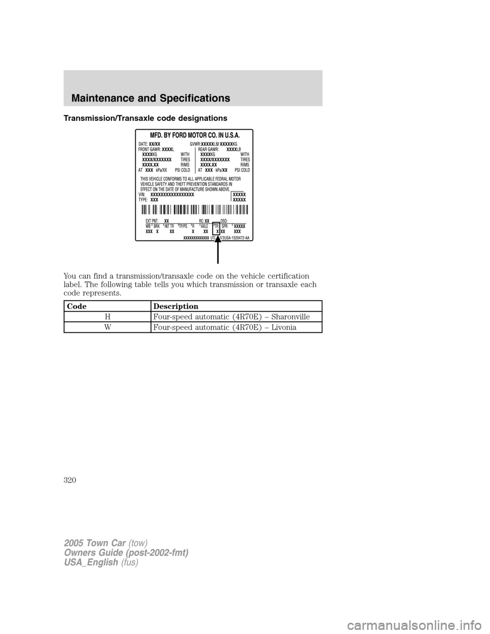 LINCOLN TOWN CAR 2005  Owners Manual Transmission/Transaxle code designations
You can find a transmission/transaxle code on the vehicle certification
label. The following table tells you which transmission or transaxle each
code represen