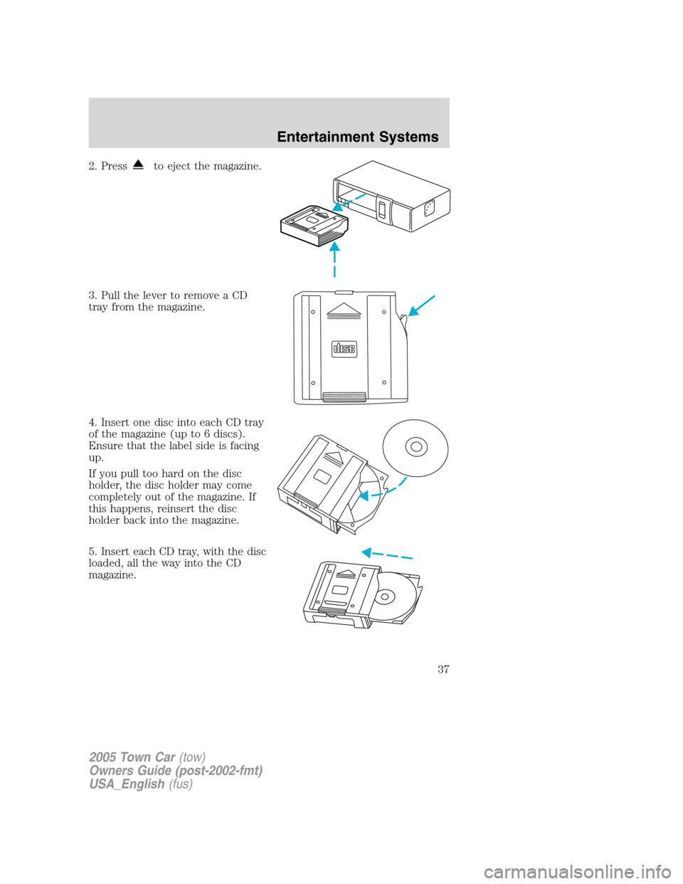 LINCOLN TOWN CAR 2005  Owners Manual 2. Pressto eject the magazine.
3. Pull the lever to remove a CD
tray from the magazine.
4. Insert one disc into each CD tray
of the magazine (up to 6 discs).
Ensure that the label side is facing
up.
I