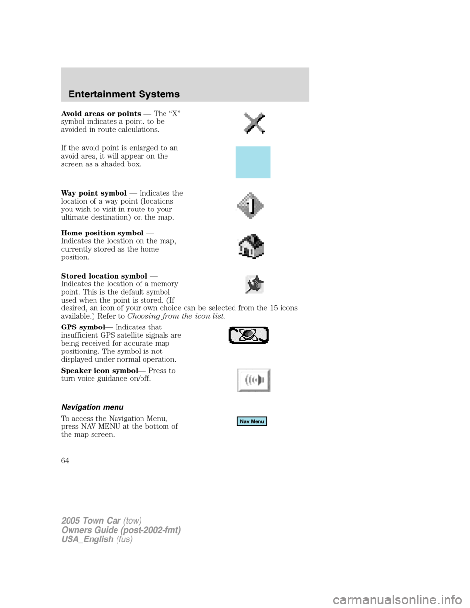 LINCOLN TOWN CAR 2005 Owners Manual Avoid areas or points— The “X”
symbol indicates a point. to be
avoided in route calculations.
If the avoid point is enlarged to an
avoid area, it will appear on the
screen as a shaded box.
Way p LINCOLN TOWN CAR 2005 Owners Manual Avoid areas or points— The “X”
symbol indicates a point. to be
avoided in route calculations.
If the avoid point is enlarged to an
avoid area, it will appear on the
screen as a shaded box.
Way p