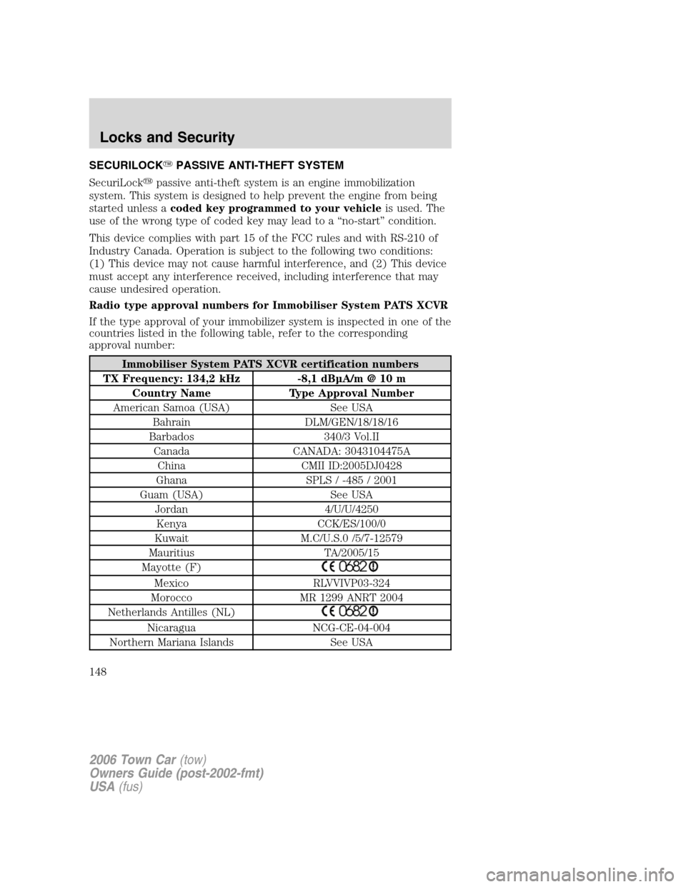 LINCOLN TOWN CAR 2006 Owners Manual SECURILOCKPASSIVE ANTI-THEFT SYSTEM
SecuriLockpassive anti-theft system is an engine immobilization
system. This system is designed to help prevent the engine from being
started unless acoded key pr LINCOLN TOWN CAR 2006 Owners Manual SECURILOCKPASSIVE ANTI-THEFT SYSTEM
SecuriLockpassive anti-theft system is an engine immobilization
system. This system is designed to help prevent the engine from being
started unless acoded key pr