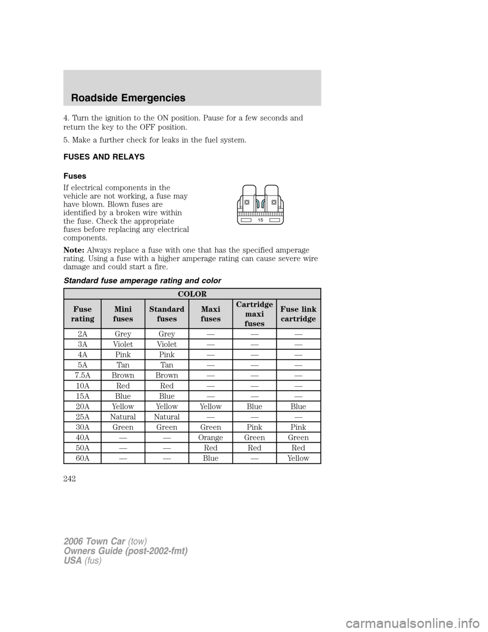 LINCOLN TOWN CAR 2006 Owners Manual 4. Turn the ignition to the ON position. Pause for a few seconds and
return the key to the OFF position.
5. Make a further check for leaks in the fuel system.
FUSES AND RELAYS
Fuses
If electrical comp LINCOLN TOWN CAR 2006 Owners Manual 4. Turn the ignition to the ON position. Pause for a few seconds and
return the key to the OFF position.
5. Make a further check for leaks in the fuel system.
FUSES AND RELAYS
Fuses
If electrical comp
