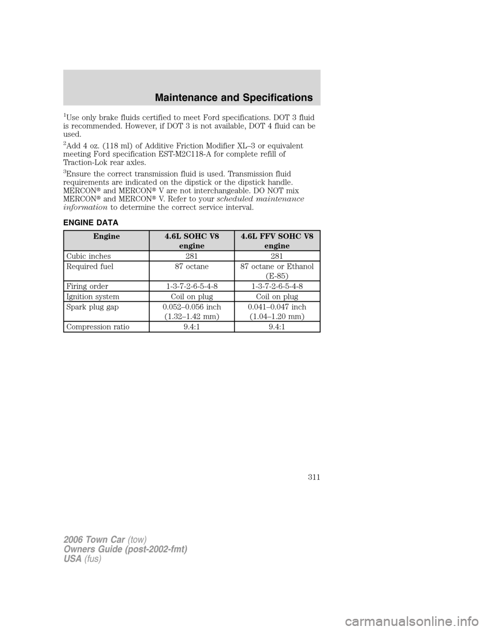 LINCOLN TOWN CAR 2006 Owners Manual 1Use only brake fluids certified to meet Ford specifications. DOT 3 fluid
is recommended. However, if DOT 3 is not available, DOT 4 fluid can be
used.
2Add 4 oz. (118 ml) of Additive Friction Modifier LINCOLN TOWN CAR 2006 Owners Manual 1Use only brake fluids certified to meet Ford specifications. DOT 3 fluid
is recommended. However, if DOT 3 is not available, DOT 4 fluid can be
used.
2Add 4 oz. (118 ml) of Additive Friction Modifier