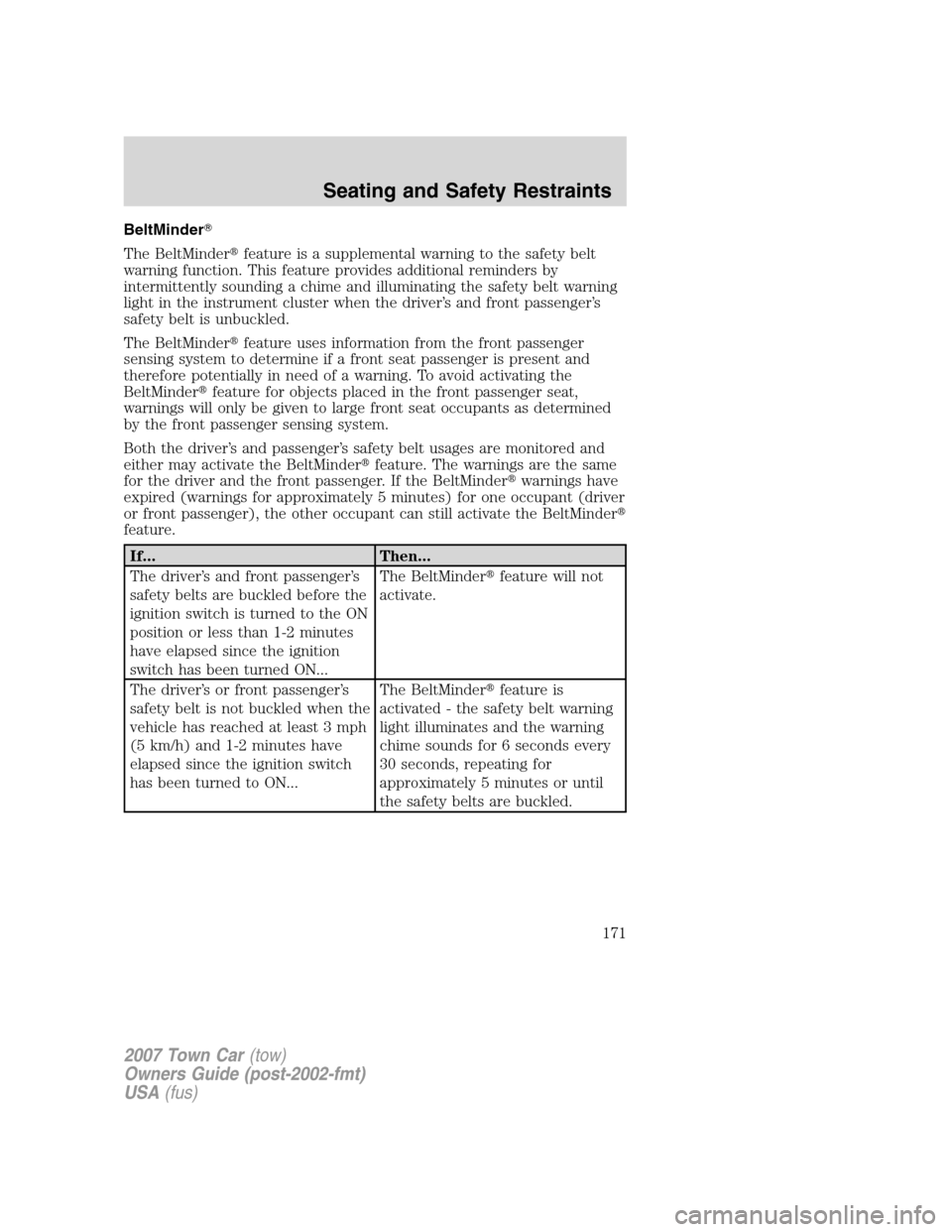 LINCOLN TOWN CAR 2007 Owners Manual BeltMinder
The BeltMinderfeature is a supplemental warning to the safety belt
warning function. This feature provides additional reminders by
intermittently sounding a chime and illuminating the saf LINCOLN TOWN CAR 2007 Owners Manual BeltMinder
The BeltMinderfeature is a supplemental warning to the safety belt
warning function. This feature provides additional reminders by
intermittently sounding a chime and illuminating the saf