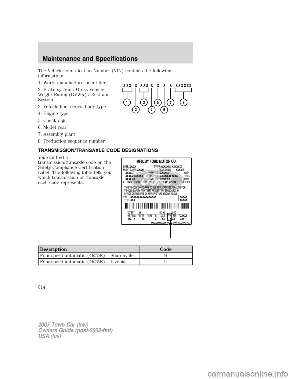 LINCOLN TOWN CAR 2007  Owners Manual The Vehicle Identification Number (VIN) contains the following
information:
1. World manufacturer identifier
2. Brake system / Gross Vehicle
Weight Rating (GVWR) / Restraint
System
3. Vehicle line, se
