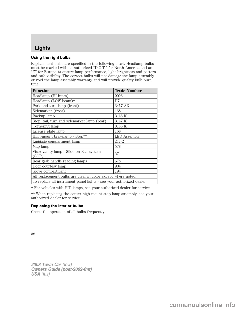 LINCOLN TOWN CAR 2008 Owners Manual Using the right bulbs
Replacement bulbs are specified in the following chart. Headlamp bulbs
must be marked with an authorized “D.O.T.” for North America and an
“E” for Europe to ensure lamp p LINCOLN TOWN CAR 2008 Owners Manual Using the right bulbs
Replacement bulbs are specified in the following chart. Headlamp bulbs
must be marked with an authorized “D.O.T.” for North America and an
“E” for Europe to ensure lamp p