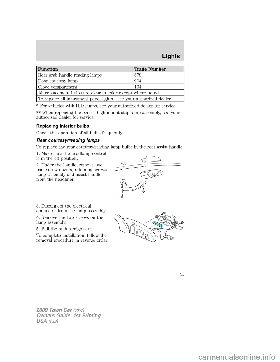 LINCOLN TOWN CAR 2009 Owners Manual Function Trade Number
Rear grab handle reading lamps 578
Door courtesy lamp 904
Glove compartment 194
All replacement bulbs are clear in color except where noted.
To replace all instrument panel light LINCOLN TOWN CAR 2009 Owners Manual Function Trade Number
Rear grab handle reading lamps 578
Door courtesy lamp 904
Glove compartment 194
All replacement bulbs are clear in color except where noted.
To replace all instrument panel light