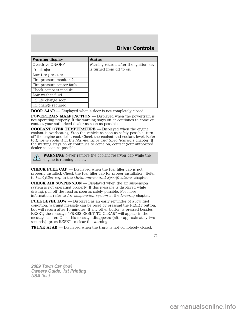 LINCOLN TOWN CAR 2009 Owners Manual Warning display Status
Overdrive ON/OFF Warning returns after the ignition key
is turned from off to on.
Trunk ajar
Low tire pressure
Tire pressure monitor fault
Tire pressure sensor fault
Check compa LINCOLN TOWN CAR 2009 Owners Manual Warning display Status
Overdrive ON/OFF Warning returns after the ignition key
is turned from off to on.
Trunk ajar
Low tire pressure
Tire pressure monitor fault
Tire pressure sensor fault
Check compa
