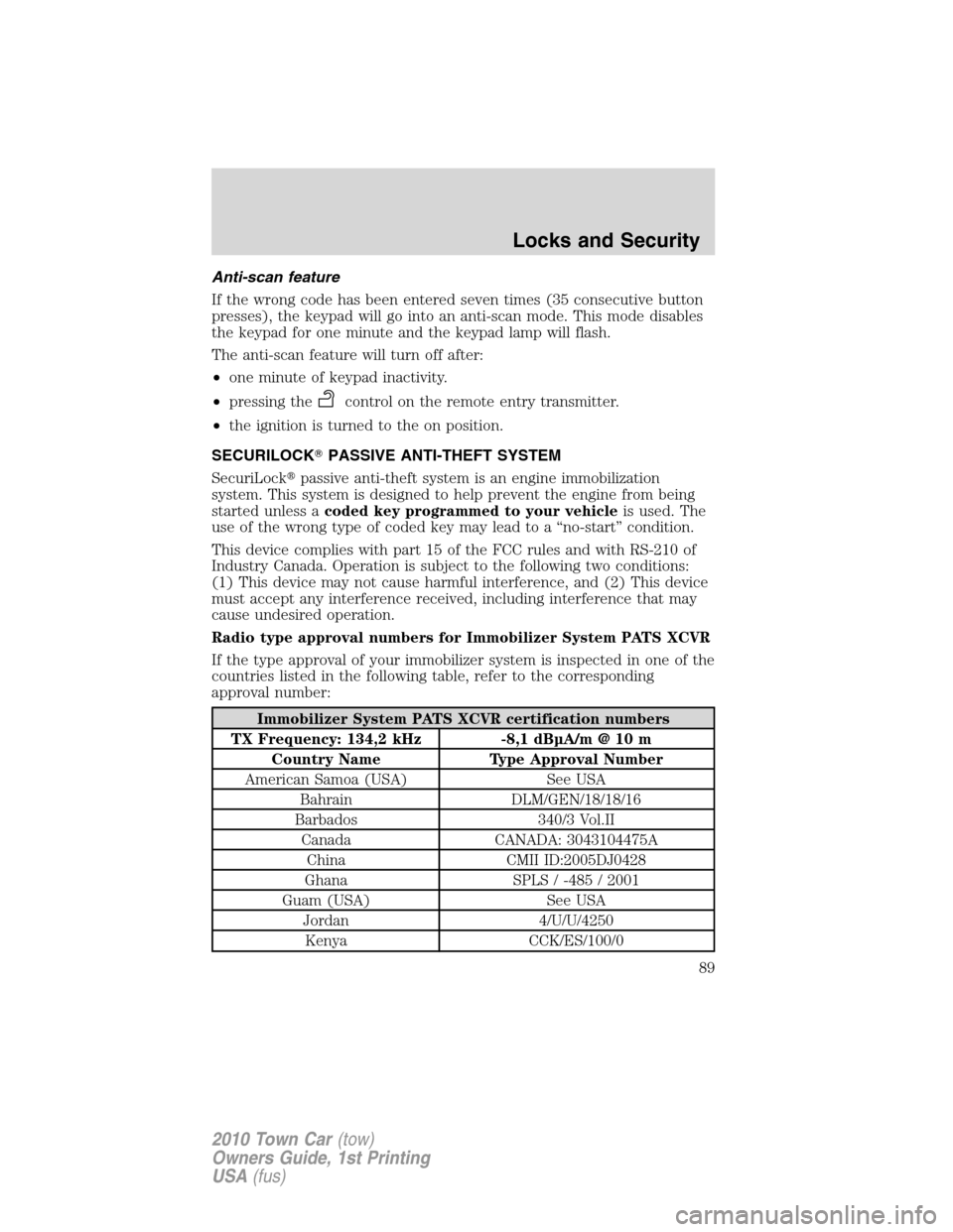 LINCOLN TOWN CAR 2010 Owners Manual Anti-scan feature
If the wrong code has been entered seven times (35 consecutive button
presses), the keypad will go into an anti-scan mode. This mode disables
the keypad for one minute and the keypad LINCOLN TOWN CAR 2010 Owners Manual Anti-scan feature
If the wrong code has been entered seven times (35 consecutive button
presses), the keypad will go into an anti-scan mode. This mode disables
the keypad for one minute and the keypad