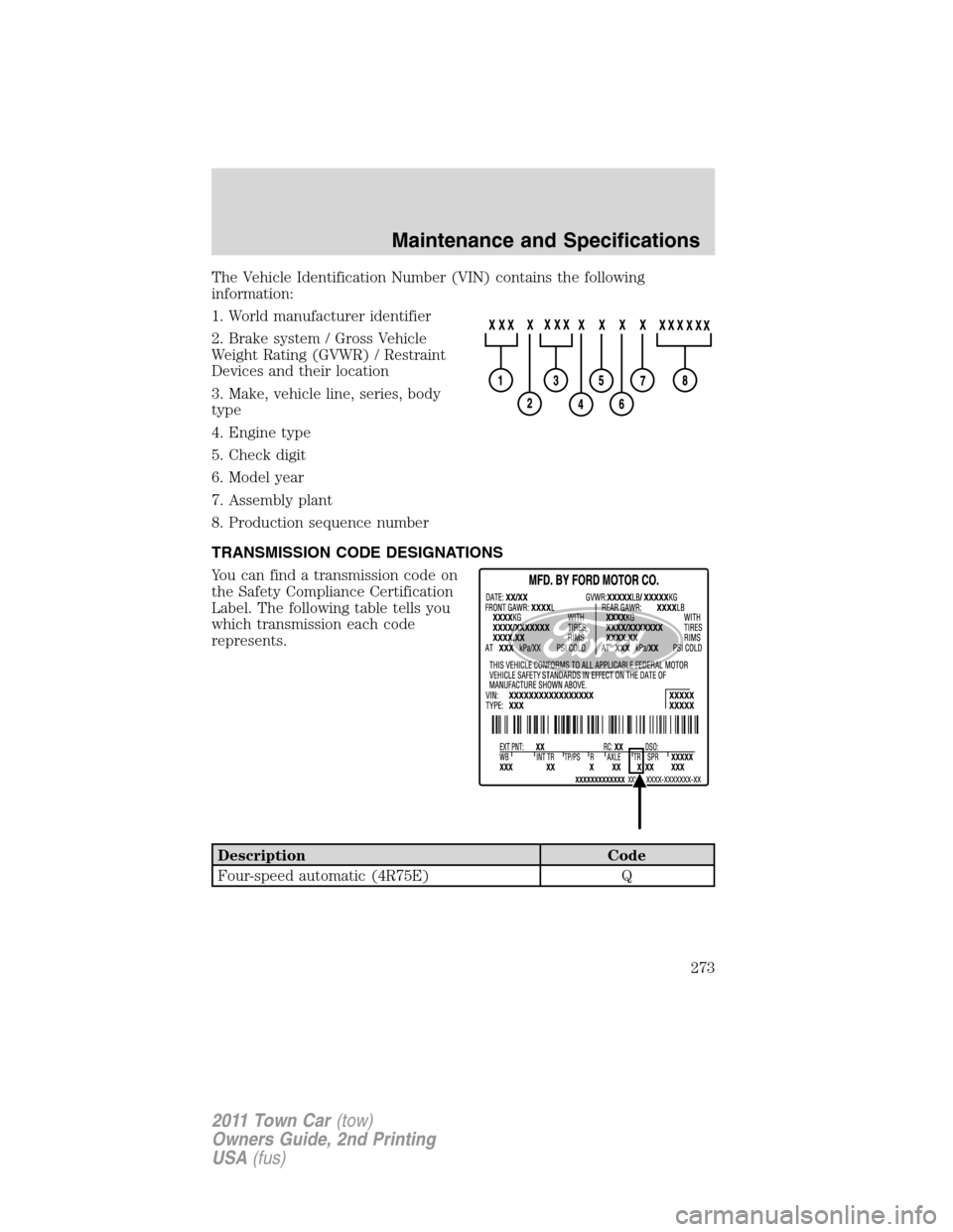 LINCOLN TOWN CAR 2011  Owners Manual The Vehicle Identification Number (VIN) contains the following
information:
1. World manufacturer identifier
2. Brake system / Gross Vehicle
Weight Rating (GVWR) / Restraint
Devices and their location