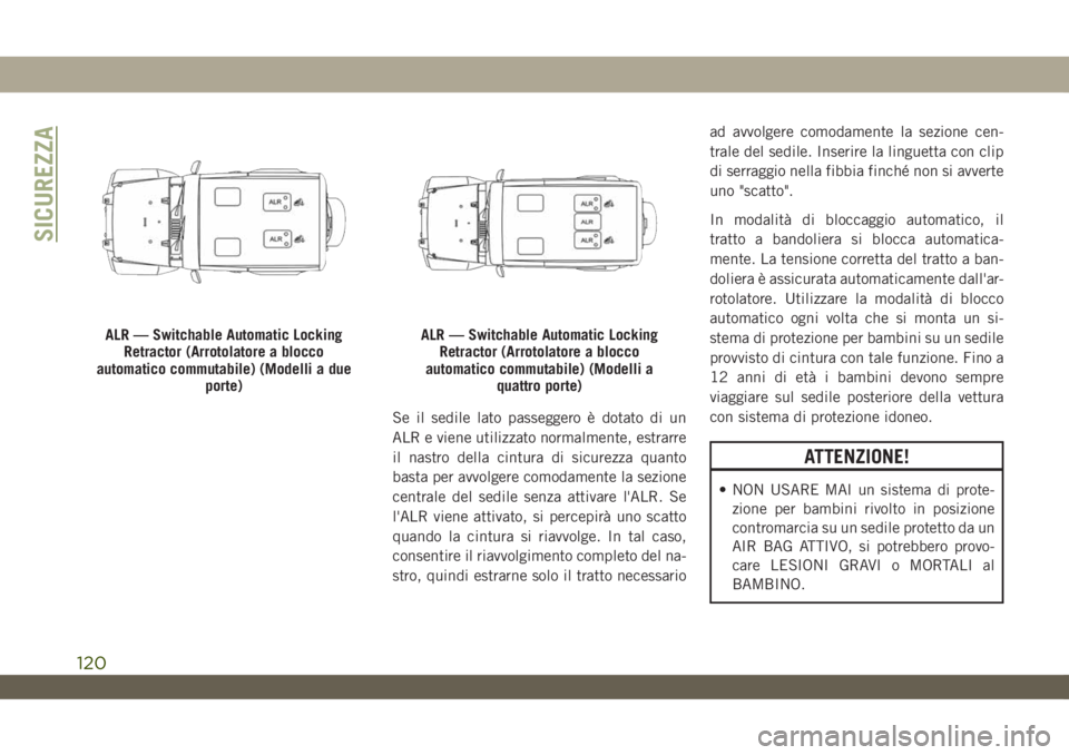JEEP WRANGLER UNLIMITED 2019  Libretto Uso Manutenzione (in Italian) Se il sedile lato passeggero è dotato di un
ALR e viene utilizzato normalmente, estrarre
il nastro della cintura di sicurezza quanto
basta per avvolgere comodamente la sezione
centrale del sedile sen