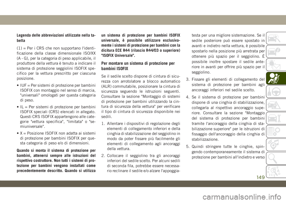 JEEP WRANGLER UNLIMITED 2019  Libretto Uso Manutenzione (in Italian) Legenda delle abbreviazioni utilizzate nella ta-
bella
(1) = Per i CRS che non supportano l'identi-
ficazione della classe dimensionale ISO/XX
(A - G), per la categoria di peso applicabile, il
pro