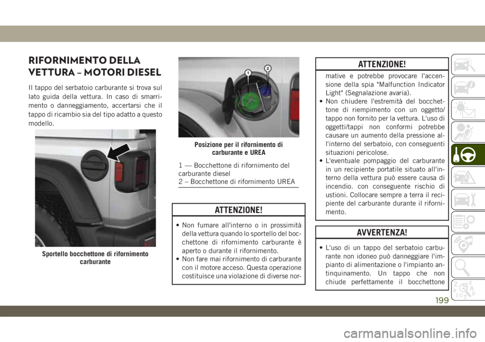 JEEP WRANGLER UNLIMITED 2019 Libretto Uso Manutenzione (in Italian) RIFORNIMENTO DELLA
VETTURA – MOTORI DIESEL
Il tappo del serbatoio carburante si trova sul
lato guida della vettura. In caso di smarri-
mento o danneggiamento, accertarsi che il
tappo di ricambio sia JEEP WRANGLER UNLIMITED 2019 Libretto Uso Manutenzione (in Italian) RIFORNIMENTO DELLA
VETTURA – MOTORI DIESEL
Il tappo del serbatoio carburante si trova sul
lato guida della vettura. In caso di smarri-
mento o danneggiamento, accertarsi che il
tappo di ricambio sia