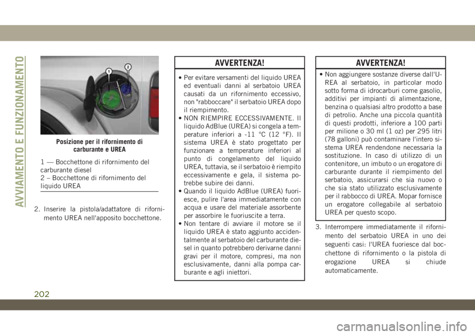 JEEP WRANGLER UNLIMITED 2019 Libretto Uso Manutenzione (in Italian) 2. Inserire la pistola/adattatore di riforni-
mento UREA nell'apposito bocchettone.
AVVERTENZA!
•Per evitare versamenti del liquido UREA
ed eventuali danni al serbatoio UREA
causati da un riforn JEEP WRANGLER UNLIMITED 2019 Libretto Uso Manutenzione (in Italian) 2. Inserire la pistola/adattatore di riforni-
mento UREA nell'apposito bocchettone.
AVVERTENZA!
•Per evitare versamenti del liquido UREA
ed eventuali danni al serbatoio UREA
causati da un riforn