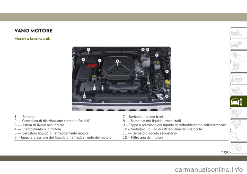 JEEP WRANGLER UNLIMITED 2019  Libretto Uso Manutenzione (in Italian) VANO MOTORE
Motore a benzina 2.0L
1 — Batteria 7 – Serbatoio liquido freni
2 — Centralina di distribuzione corrente (fusibili) 8 — Serbatoio del liquido lavacristalli
3 — Astina di livello o