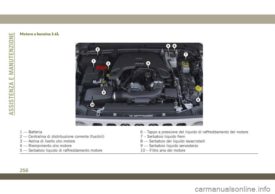 JEEP WRANGLER UNLIMITED 2019  Libretto Uso Manutenzione (in Italian) Motore a benzina 3.6L
1 — Batteria 6 – Tappo a pressione del liquido di raffreddamento del motore
2 — Centralina di distribuzione corrente (fusibili) 7 – Serbatoio liquido freni
3 — Astina d