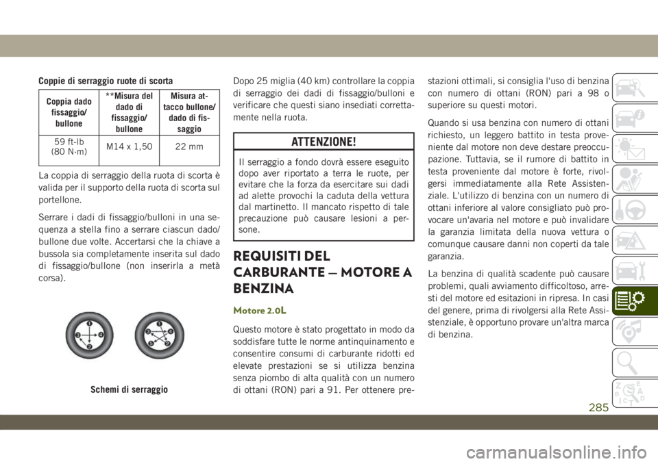 JEEP WRANGLER UNLIMITED 2019 Libretto Uso Manutenzione (in Italian) Coppie di serraggio ruote di scorta
Coppia dado
fissaggio/
bullone**Misura del
dado di
fissaggio/
bulloneMisura at-
tacco bullone/
dado di fis-
saggio
59 ft-lb
(80 N·m)M14 x 1,50 22 mm
La coppia di s JEEP WRANGLER UNLIMITED 2019 Libretto Uso Manutenzione (in Italian) Coppie di serraggio ruote di scorta
Coppia dado
fissaggio/
bullone**Misura del
dado di
fissaggio/
bulloneMisura at-
tacco bullone/
dado di fis-
saggio
59 ft-lb
(80 N·m)M14 x 1,50 22 mm
La coppia di s
