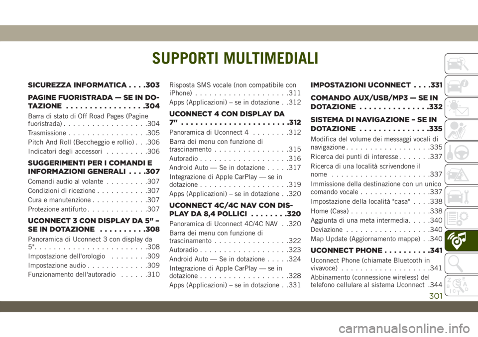 JEEP WRANGLER UNLIMITED 2019 Libretto Uso Manutenzione (in Italian) SUPPORTI MULTIMEDIALI
SICUREZZA INFORMATICA. . . .303
PAGINE FUORISTRADA — SE IN DO-
TAZIONE.................304
Barra di stato di Off Road Pages (Pagine
fuoristrada)..................304
Trasmissio JEEP WRANGLER UNLIMITED 2019 Libretto Uso Manutenzione (in Italian) SUPPORTI MULTIMEDIALI
SICUREZZA INFORMATICA. . . .303
PAGINE FUORISTRADA — SE IN DO-
TAZIONE.................304
Barra di stato di Off Road Pages (Pagine
fuoristrada)..................304
Trasmissio