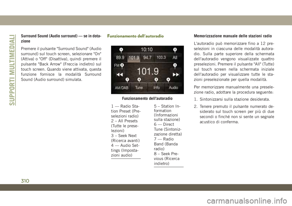 JEEP WRANGLER UNLIMITED 2019 Libretto Uso Manutenzione (in Italian) Surround Sound (Audio surround) — se in dota-
zione
Premere il pulsante "Surround Sound" (Audio
surround) sul touch screen, selezionare "On"
(Attiva) o "Off" (Disattiva), qui JEEP WRANGLER UNLIMITED 2019 Libretto Uso Manutenzione (in Italian) Surround Sound (Audio surround) — se in dota-
zione
Premere il pulsante "Surround Sound" (Audio
surround) sul touch screen, selezionare "On"
(Attiva) o "Off" (Disattiva), qui