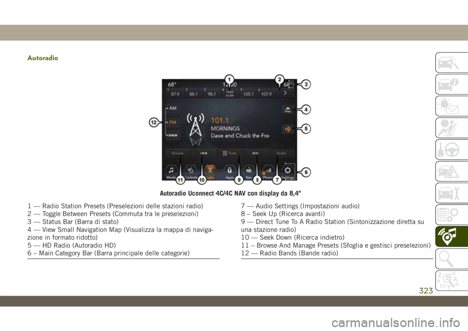 JEEP WRANGLER UNLIMITED 2019  Libretto Uso Manutenzione (in Italian) Autoradio
Autoradio Uconnect 4C/4C NAV con display da 8,4"
1 — Radio Station Presets (Preselezioni delle stazioni radio)
2 — Toggle Between Presets (Commuta tra le preselezioni)
3 — Status B