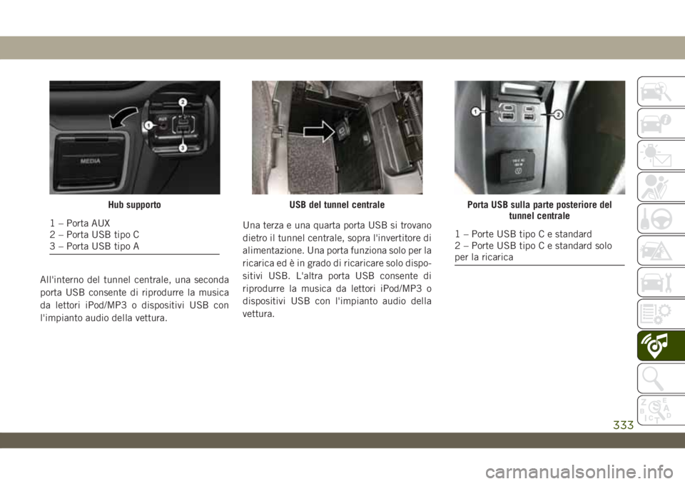 JEEP WRANGLER UNLIMITED 2019  Libretto Uso Manutenzione (in Italian) All'interno del tunnel centrale, una seconda
porta USB consente di riprodurre la musica
da lettori iPod/MP3 o dispositivi USB con
l'impianto audio della vettura.Una terza e una quarta porta US