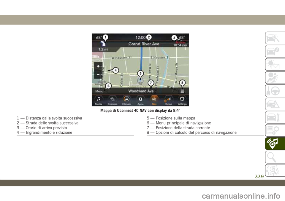 JEEP WRANGLER UNLIMITED 2019  Libretto Uso Manutenzione (in Italian) Mappa di Uconnect 4C NAV con display da 8,4"
1 — Distanza dalla svolta successiva
2 — Strada delle svolta successiva
3 — Orario di arrivo previsto
4 — Ingrandimento e riduzione5 — Posizi