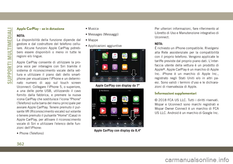 JEEP WRANGLER UNLIMITED 2019 Libretto Uso Manutenzione (in Italian) Apple CarPlay – se in dotazione
NOTA:
La disponibilità della funzione dipende dal
gestore e dal costruttore del telefono cellu-
lare. Alcune funzioni Apple CarPlay potreb-
bero essere disponibili o JEEP WRANGLER UNLIMITED 2019 Libretto Uso Manutenzione (in Italian) Apple CarPlay – se in dotazione
NOTA:
La disponibilità della funzione dipende dal
gestore e dal costruttore del telefono cellu-
lare. Alcune funzioni Apple CarPlay potreb-
bero essere disponibili o