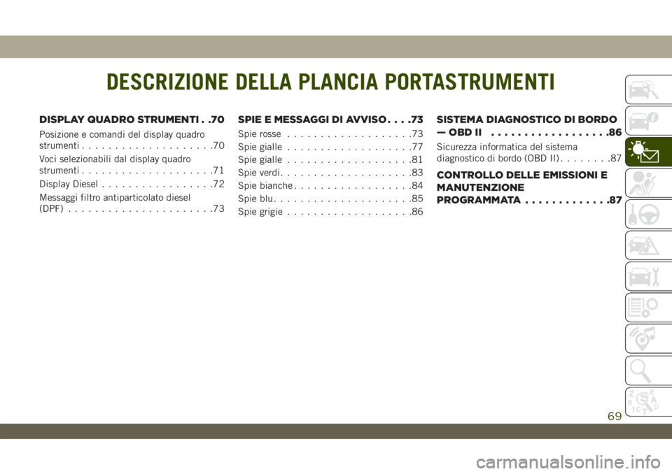 JEEP WRANGLER UNLIMITED 2019  Libretto Uso Manutenzione (in Italian) DESCRIZIONE DELLA PLANCIA PORTASTRUMENTI
DISPLAY QUADRO STRUMENTI . .70
Posizione e comandi del display quadro
strumenti....................70
Voci selezionabili dal display quadro
strumenti..........