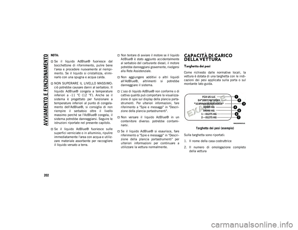 JEEP WRANGLER UNLIMITED 2021 Libretto Uso Manutenzione (in Italian) AVVIAMENTO E FUNZIONAMENTO
202
NOTA:
Se il liquido AdBlue® fuoriesce dal
bocchettone di rifornimento, pulire bene
l'area e procedere nuovamente al riempi-
mento. Se il liquido JEEP WRANGLER UNLIMITED 2021 Libretto Uso Manutenzione (in Italian) AVVIAMENTO E FUNZIONAMENTO
202
NOTA:
Se il liquido AdBlue® fuoriesce dal
bocchettone di rifornimento, pulire bene
l'area e procedere nuovamente al riempi-
mento. Se il liquido