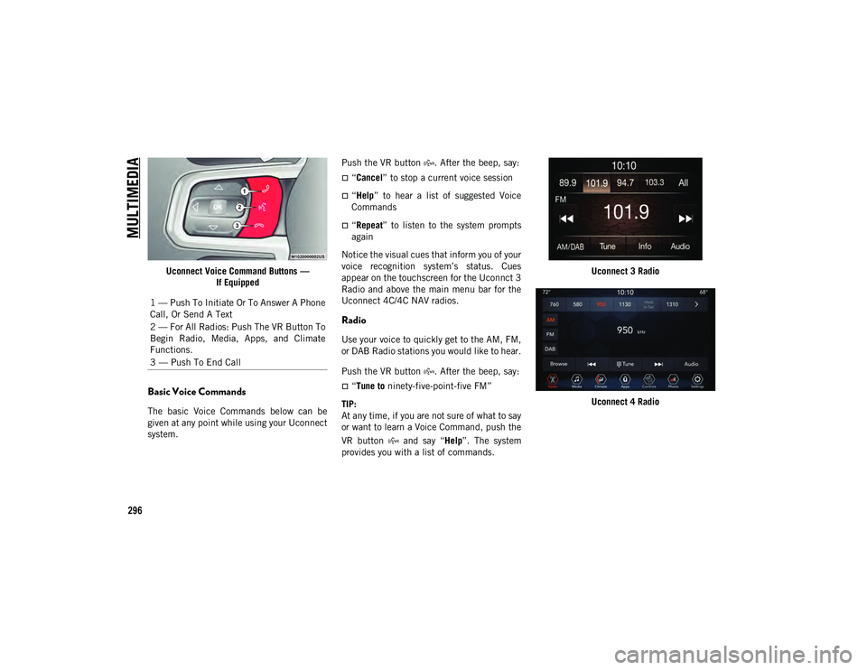 JEEP WRANGLER UNLIMITED 2021 Owner handbook (in English) MULTIMEDIA
296
Uconnect Voice Command Buttons —If Equipped
Basic Voice Commands
The basic Voice Commands below can be
given at any point while using your Uconnect
system. Push the VR button . JEEP WRANGLER UNLIMITED 2021 Owner handbook (in English) MULTIMEDIA
296
Uconnect Voice Command Buttons —If Equipped
Basic Voice Commands
The basic Voice Commands below can be
given at any point while using your Uconnect
system. Push the VR button .