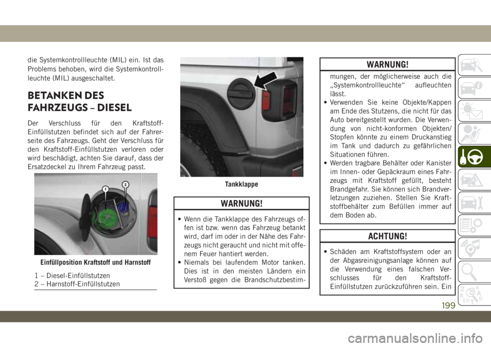 JEEP WRANGLER UNLIMITED 2019 Betriebsanleitung (in German) die Systemkontrollleuchte (MIL) ein. Ist das
Problems behoben, wird die Systemkontroll-
leuchte (MIL) ausgeschaltet.
BETANKEN DES
FAHRZEUGS – DIESEL
Der Verschluss für den Kraftstoff-
Einfüllstutz JEEP WRANGLER UNLIMITED 2019 Betriebsanleitung (in German) die Systemkontrollleuchte (MIL) ein. Ist das
Problems behoben, wird die Systemkontroll-
leuchte (MIL) ausgeschaltet.
BETANKEN DES
FAHRZEUGS – DIESEL
Der Verschluss für den Kraftstoff-
Einfüllstutz