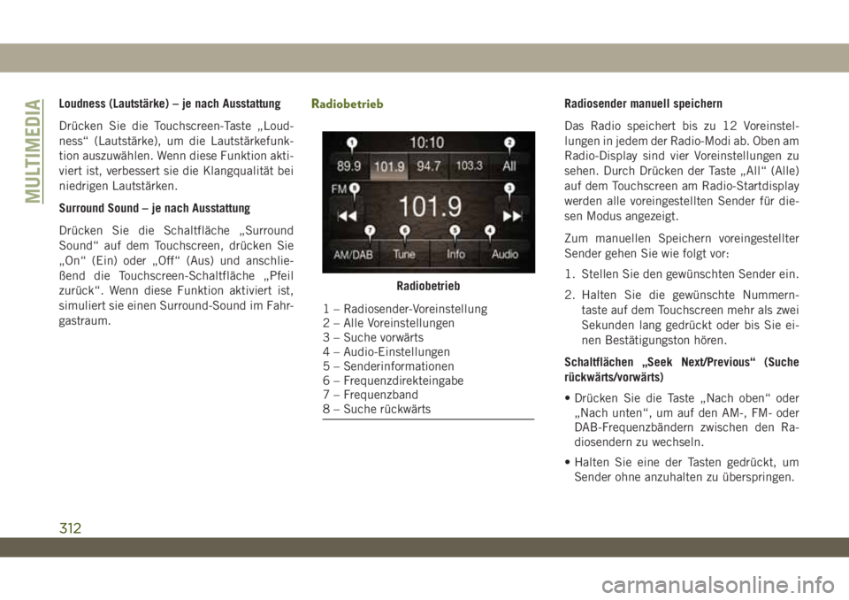 JEEP WRANGLER UNLIMITED 2019 Betriebsanleitung (in German) Loudness (Lautstärke) – je nach Ausstattung
Drücken Sie die Touchscreen-Taste „Loud-
ness“ (Lautstärke), um die Lautstärkefunk-
tion auszuwählen. Wenn diese Funktion akti-
viert ist, verbes JEEP WRANGLER UNLIMITED 2019 Betriebsanleitung (in German) Loudness (Lautstärke) – je nach Ausstattung
Drücken Sie die Touchscreen-Taste „Loud-
ness“ (Lautstärke), um die Lautstärkefunk-
tion auszuwählen. Wenn diese Funktion akti-
viert ist, verbes