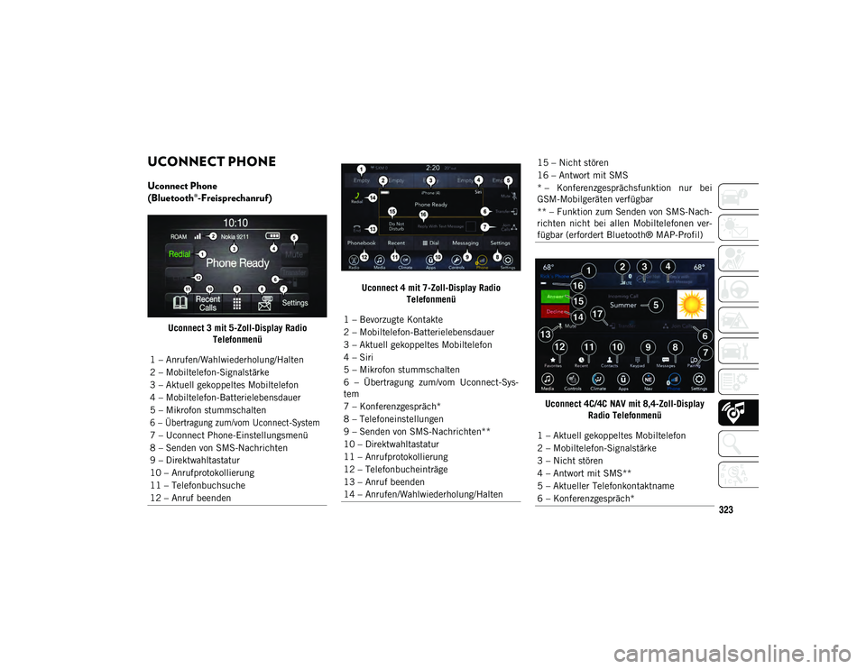 JEEP WRANGLER UNLIMITED 2020 Betriebsanleitung (in German) 323
UCONNECT PHONE
Uconnect Phone
(Bluetooth®-Freisprechanruf)
Uconnect 3 mit 5-Zoll-Display Radio Telefonmenü Uconnect 4 mit 7-Zoll-Display Radio
Telefonmenü
Uconnect 4C/4C NAV mit 8,4-Zoll-Di JEEP WRANGLER UNLIMITED 2020 Betriebsanleitung (in German) 323
UCONNECT PHONE
Uconnect Phone
(Bluetooth®-Freisprechanruf)
Uconnect 3 mit 5-Zoll-Display Radio Telefonmenü Uconnect 4 mit 7-Zoll-Display Radio
Telefonmenü
Uconnect 4C/4C NAV mit 8,4-Zoll-Di