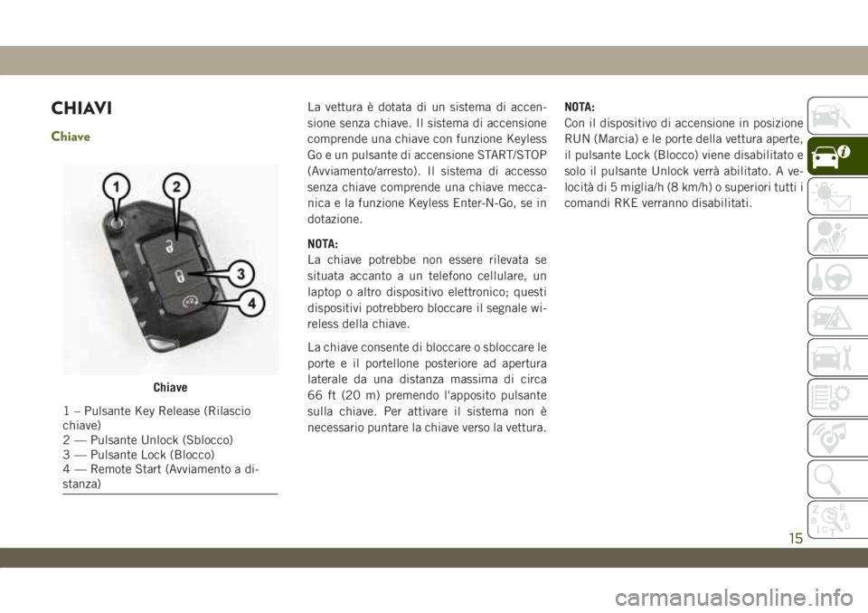 JEEP WRANGLER 2DOORS 2019 Libretto Uso Manutenzione (in Italian) CHIAVI
Chiave
La vettura è dotata di un sistema di accen-
sione senza chiave. Il sistema di accensione
comprende una chiave con funzione Keyless
Go e un pulsante di accensione START/STOP
(Avviamento/ JEEP WRANGLER 2DOORS 2019 Libretto Uso Manutenzione (in Italian) CHIAVI
Chiave
La vettura è dotata di un sistema di accen-
sione senza chiave. Il sistema di accensione
comprende una chiave con funzione Keyless
Go e un pulsante di accensione START/STOP
(Avviamento/