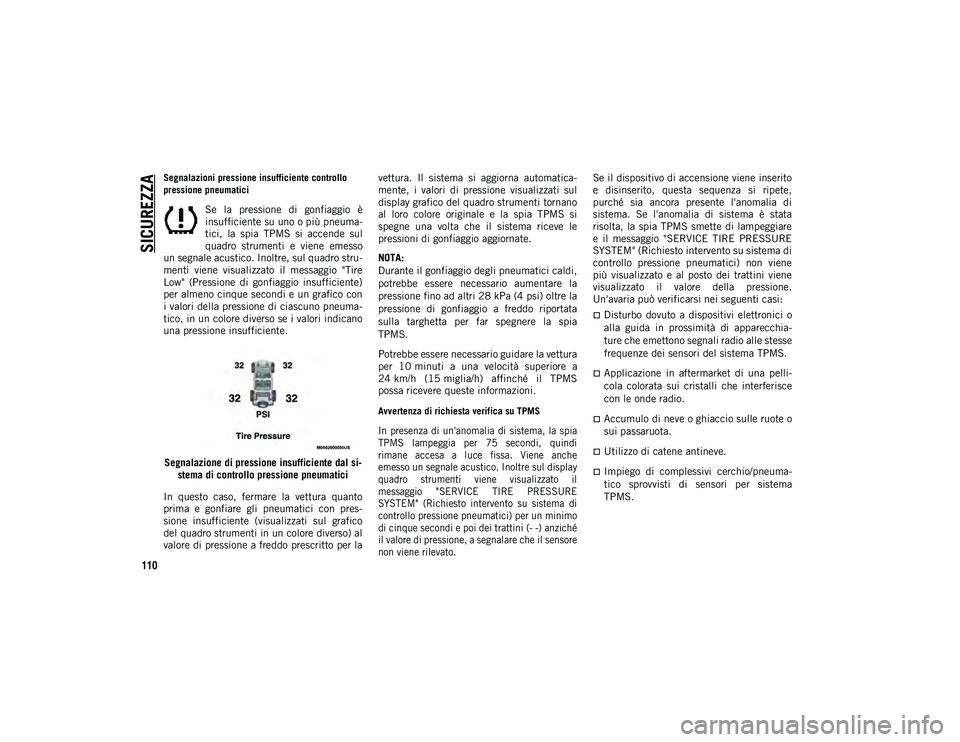 JEEP WRANGLER 2DOORS 2021 Libretto Uso Manutenzione (in Italian) SICUREZZA
110
Segnalazioni pressione insufficiente controllo
pressione pneumatici
Se la pressione di gonfiaggio è
insufficiente su uno o più pneuma-
tici, la spia TPMS si accende sul
qua JEEP WRANGLER 2DOORS 2021 Libretto Uso Manutenzione (in Italian) SICUREZZA
110
Segnalazioni pressione insufficiente controllo
pressione pneumatici
Se la pressione di gonfiaggio è
insufficiente su uno o più pneuma-
tici, la spia TPMS si accende sul
qua