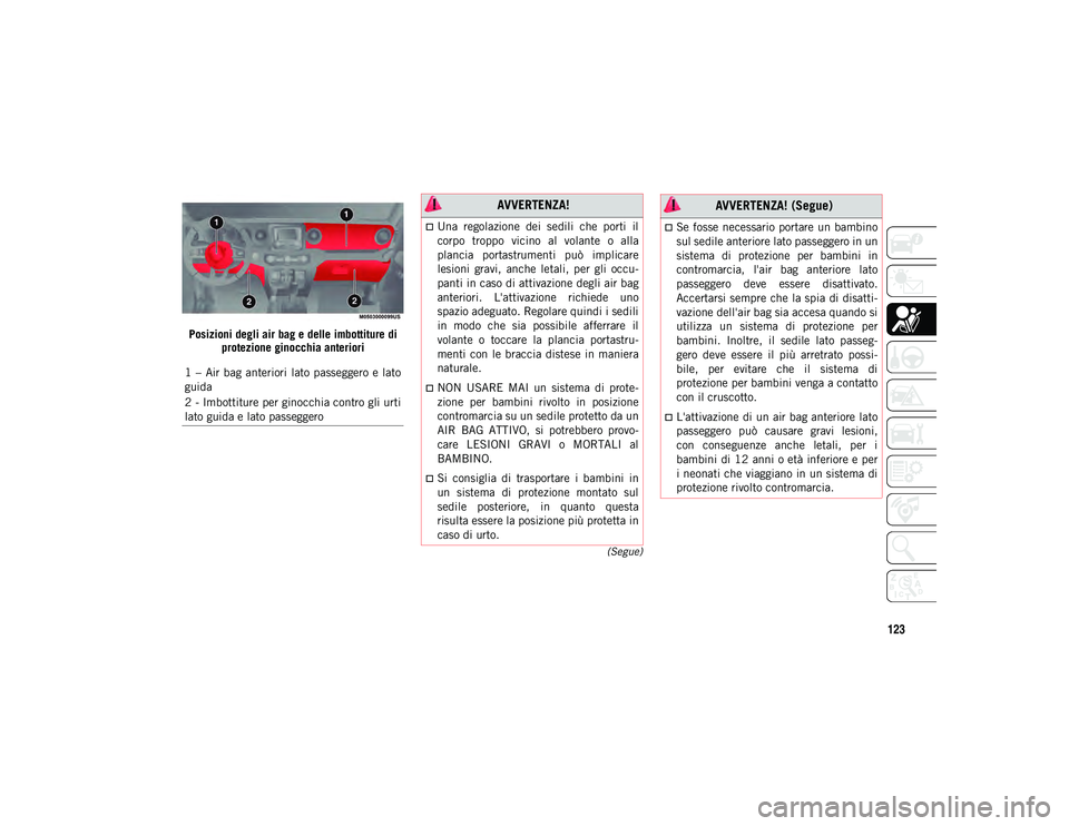 JEEP WRANGLER 2DOORS 2021 Libretto Uso Manutenzione (in Italian) 123
(Segue)
Posizioni degli air bag e delle imbottiture di protezione ginocchia anteriori
1 – Air bag anteriori lato passeggero e lato
guida
2 - Imbottiture per ginocchia contro gli urti
lato gui JEEP WRANGLER 2DOORS 2021 Libretto Uso Manutenzione (in Italian) 123
(Segue)
Posizioni degli air bag e delle imbottiture di protezione ginocchia anteriori
1 – Air bag anteriori lato passeggero e lato
guida
2 - Imbottiture per ginocchia contro gli urti
lato gui