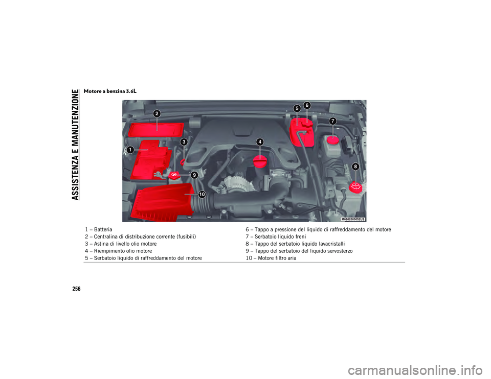 JEEP WRANGLER 2DOORS 2021  Libretto Uso Manutenzione (in Italian) ASSISTENZA E MANUTENZIONE
256
Motore a benzina 3.6L 
1 – Batteria6 – Tappo a pressione del liquido di raffreddamento del motore
2 – Centralina di distribuzione corrente (fusibili) 7 – Serbatoi