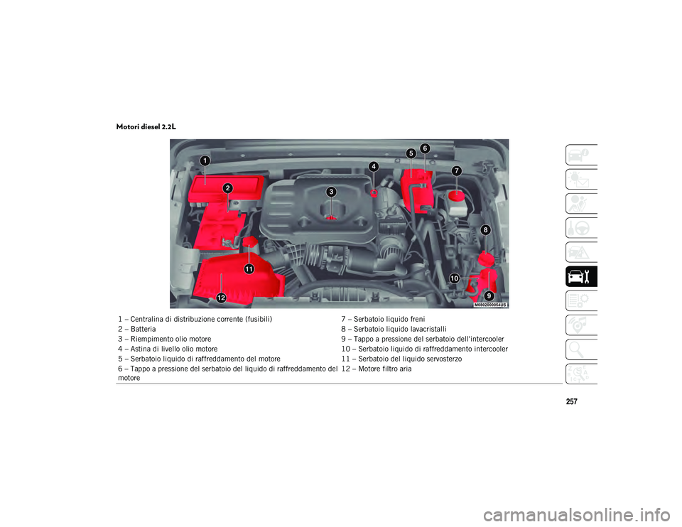 JEEP WRANGLER 2DOORS 2021  Libretto Uso Manutenzione (in Italian) 257
Motori diesel 2.2L
1 – Centralina di distribuzione corrente (fusibili)7 – Serbatoio liquido freni
2 – Batteria 8 – Serbatoio liquido lavacristalli
3 – Riempimento olio motore 9 – Tappo