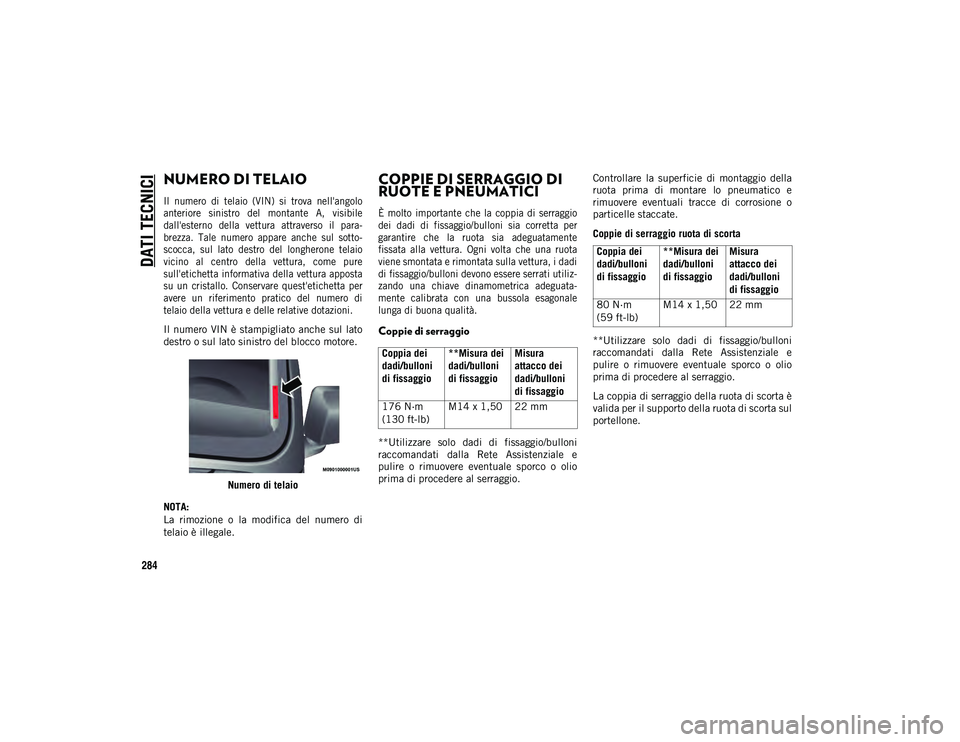 JEEP WRANGLER 2DOORS 2021  Libretto Uso Manutenzione (in Italian) 284
DATI TECNICI
NUMERO DI TELAIO 

Il  numero  di  telaio  (VIN)  si  trova  nell'angolo
anteriore  sinistro  del  montante  A,  visibile
dall'esterno  della  vettura  attraverso  il  para-
b