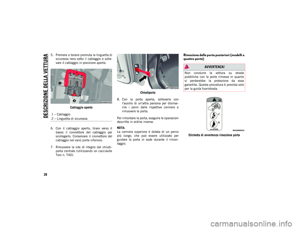 JEEP WRANGLER 2DOORS 2021 Libretto Uso Manutenzione (in Italian) DESCRIZIONE DELLA VETTURA
28
5. Premere e tenere premuta la linguetta disicurezza nera sotto il cablaggio e solle -
vare il cablaggio in posizione aperta.
Cablaggio aperto
6. Con il cablaggio JEEP WRANGLER 2DOORS 2021 Libretto Uso Manutenzione (in Italian) DESCRIZIONE DELLA VETTURA
28
5. Premere e tenere premuta la linguetta disicurezza nera sotto il cablaggio e solle -
vare il cablaggio in posizione aperta.
Cablaggio aperto
6. Con il cablaggio