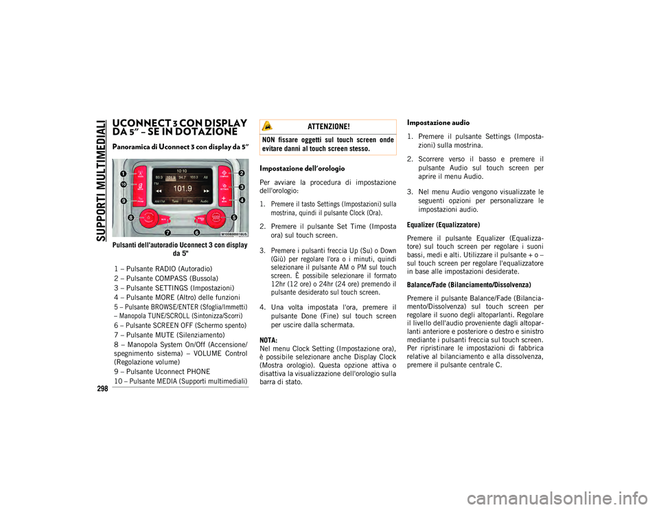 JEEP WRANGLER 2DOORS 2021  Libretto Uso Manutenzione (in Italian) SUPPORTI MULTIMEDIALI
298
UCONNECT 3 CON DISPLAY 
DA 5" – SE IN DOTAZIONE  
Panoramica di Uconnect 3 con display da 5"
Pulsanti dell'autoradio Uconnect 3 con display da 5"
Impostazio