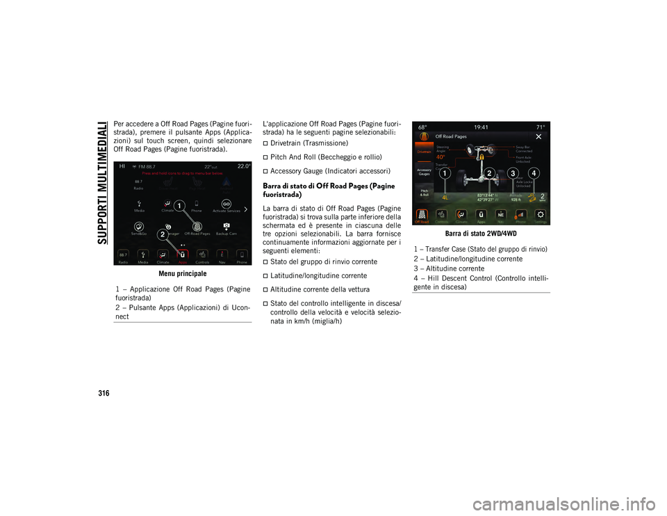 JEEP WRANGLER 2DOORS 2021  Libretto Uso Manutenzione (in Italian) SUPPORTI MULTIMEDIALI
316
Per accedere a Off Road Pages (Pagine fuori-
strada),  premere  il  pulsante  Apps  (Applica -
zioni)  sul  touch  screen,  quindi  selezionare
Off Road Pages (Pagine fuorist