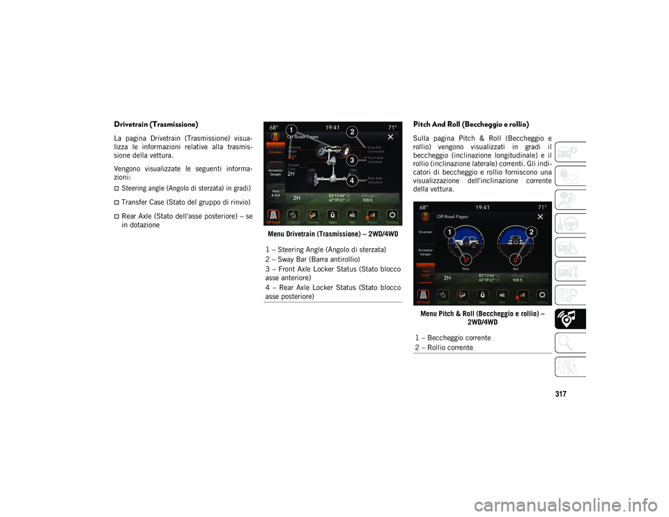 JEEP WRANGLER 2DOORS 2021  Libretto Uso Manutenzione (in Italian) 317
Drivetrain (Trasmissione) 
La  pagina  Drivetrain  (Trasmissione)  visua-
lizza  le  informazioni  relative  alla  trasmis -
sione della vettura.
Vengono  visualizzate  le  seguenti  informa -
zio