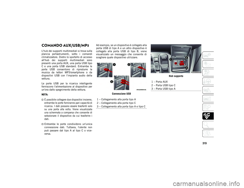 JEEP WRANGLER 2DOORS 2021 Libretto Uso Manutenzione (in Italian) 319
COMANDO AUX/USB/MP3
L'hub dei supporti multimediali si trova sulla
plancia portastrumenti, sotto i comandi
climatizzatore. Dietro lo sportello di accesso
all'hub dei supporti mult JEEP WRANGLER 2DOORS 2021 Libretto Uso Manutenzione (in Italian) 319
COMANDO AUX/USB/MP3
L'hub dei supporti multimediali si trova sulla
plancia portastrumenti, sotto i comandi
climatizzatore. Dietro lo sportello di accesso
all'hub dei supporti mult