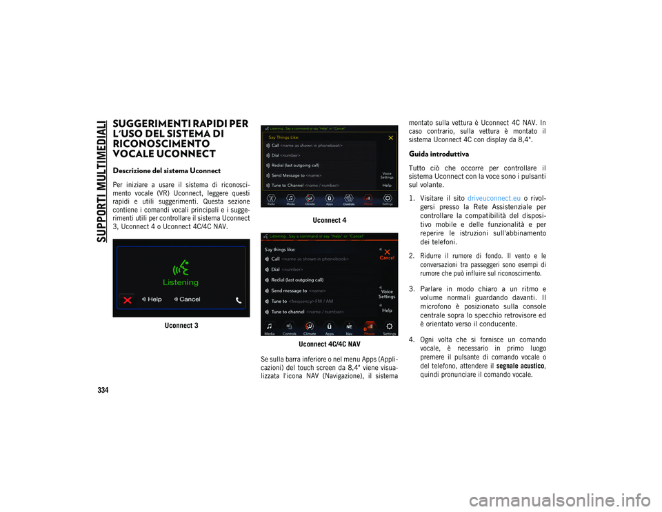 JEEP WRANGLER 2DOORS 2021  Libretto Uso Manutenzione (in Italian) SUPPORTI MULTIMEDIALI
334
SUGGERIMENTI RAPIDI PER 
L'USO DEL SISTEMA DI 
RICONOSCIMENTO 
VOCALE UCONNECT  
Descrizione del sistema Uconnect

Per  iniziare  a  usare  il  sistema  di  riconosci-
me