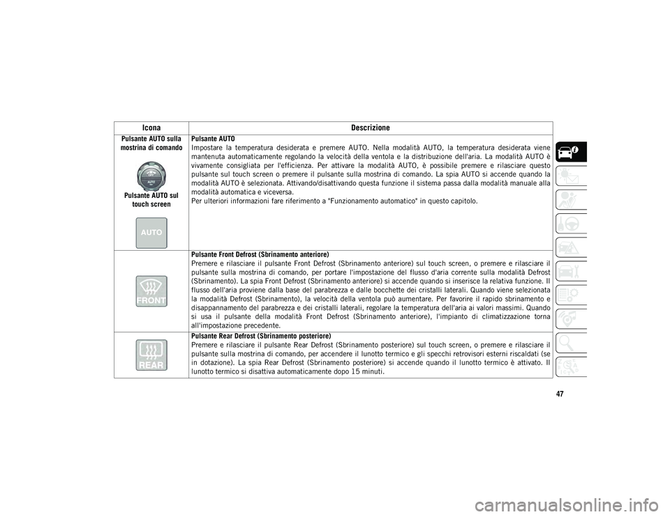 JEEP WRANGLER 2DOORS 2021 Libretto Uso Manutenzione (in Italian) 47
Pulsante AUTO sulla
mostrina di comando
Pulsante AUTO sul touch screen Pulsante AUTO
Impostare la temperatura desiderata e premere AUTO. Nella modalità AUTO, la temperatura desiderat JEEP WRANGLER 2DOORS 2021 Libretto Uso Manutenzione (in Italian) 47
Pulsante AUTO sulla
mostrina di comando
Pulsante AUTO sul touch screen Pulsante AUTO
Impostare la temperatura desiderata e premere AUTO. Nella modalità AUTO, la temperatura desiderat