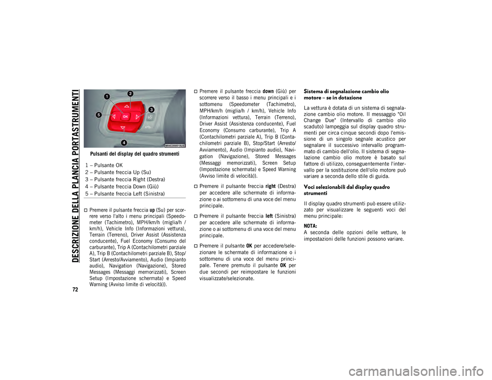JEEP WRANGLER 2DOORS 2021 Libretto Uso Manutenzione (in Italian) DESCRIZIONE DELLA PLANCIA PORTASTRUMENTI
72
Pulsanti del display del quadro strumenti
Premere il pulsante freccia up (Su) per scor -
rere verso l'alto i menu principali (Speedo -
meter JEEP WRANGLER 2DOORS 2021 Libretto Uso Manutenzione (in Italian) DESCRIZIONE DELLA PLANCIA PORTASTRUMENTI
72
Pulsanti del display del quadro strumenti
Premere il pulsante freccia up (Su) per scor -
rere verso l'alto i menu principali (Speedo -
meter